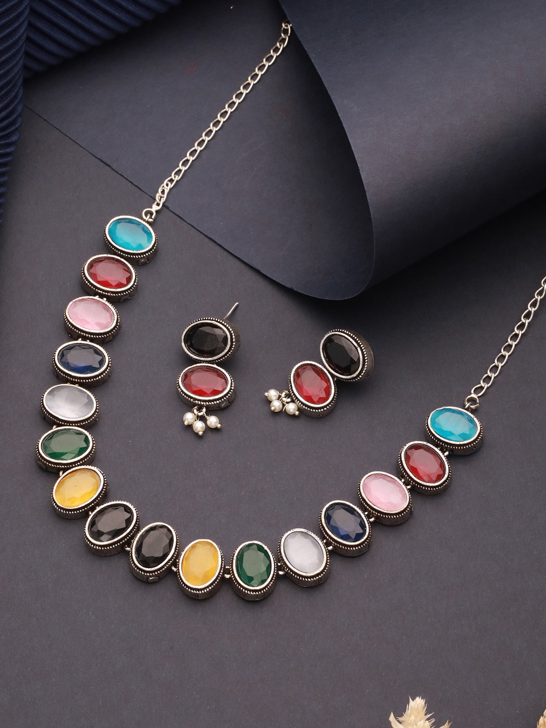 Silver Oxidised Nav Ratan Multicolored Minimal Tribal Necklace Jewellery Set
